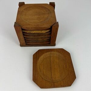 Vintage 60s MCM Genuine Burma Teak Wood 8 Coaster Set w/Holder Made In Italy